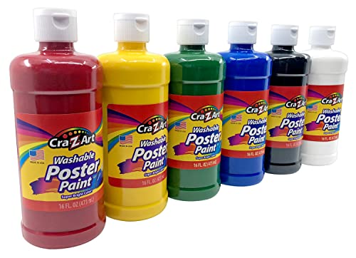 Cra-Z-Art Washable Poster Paint Bulk, Assorted Colors 16oz each bottle, 6 count Cra-Z-Art