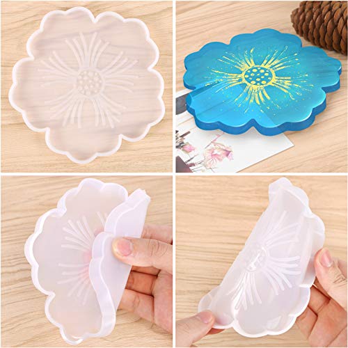 Silicone Coaster Molds, CCOZN 4 PCS Flower Silicone Coaster Molds Coaster for Epoxy Resin Agate Coaster Cup Mat Molds for Resin Casting Silicone CCOZN