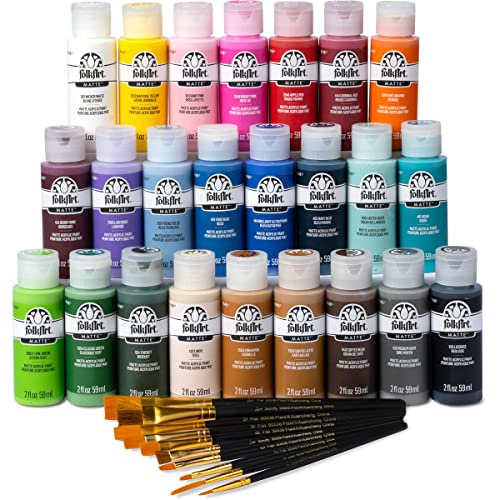 FolkArt 99445 24 Bottle Acrylic Craft Paint Set with 10 Pack of Brushes, 2oz, Colors May Vary FolkArt