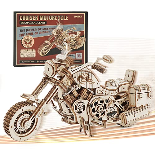 ROKR 3D Wooden Motorcycle Puzzle-Wood Model Car Kits to Build for Adults-Brain Teaser Gearjits Puzzle-1:8 Scale Cruiser Motorcycle as A Gift for ROKR