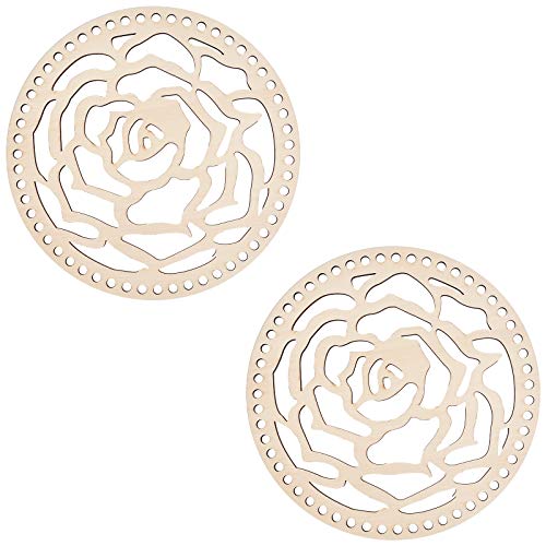 AHANDMAKER 2 pcs Natural Wooden Basket Bottom, 7.8 Inch Rose Circle Blank Hollow Crochet Basket Wood Base for DIY Knitting Bag Bottom Shaper Craft AHANDMAKER