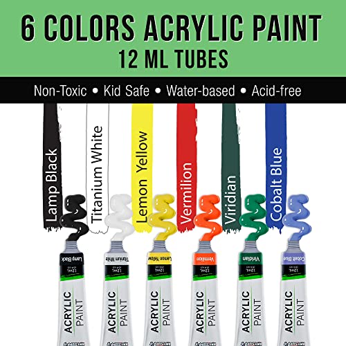 U.S. Art Supply Artist Painting Set with 6 Vivid Acrylic Paint Colors, Wood Painting Palette, 3 Brushes - Basic Artwork Project Essentials - Fun US Art Supply