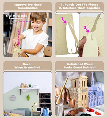 Puzzled 3D Puzzle Notre Dame Cathedral Wood Craft Construction Model Kit, Educational DIY Wooden Toy Assemble Model Unfinished Crafting Hobby Puzzle Puzzled