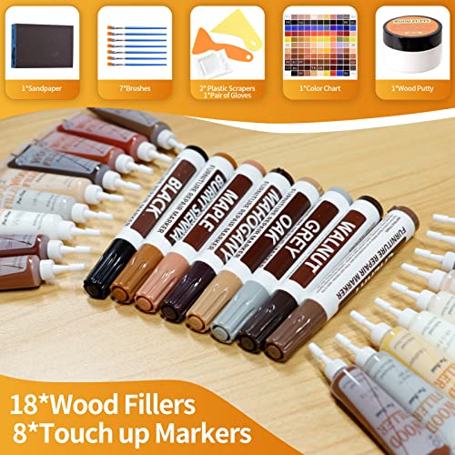 Wood Floor Repair Kit - 40 Sets - Furniture Repair Kit Wood Markers, Hardwood Repair Kit Wood Filler for Scratches Stains Holes - Touch Up Any Wood, A-HEYIDA