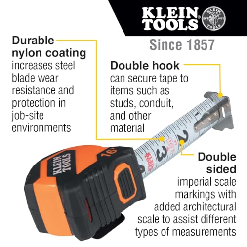 Klein Tools 9516 Tape Measure, 16-Foot Compact Double-Hook Imperial Measuring Tape with Finger Brake, Nylon Blade, Easy to Read Bold Lines Klein Tools