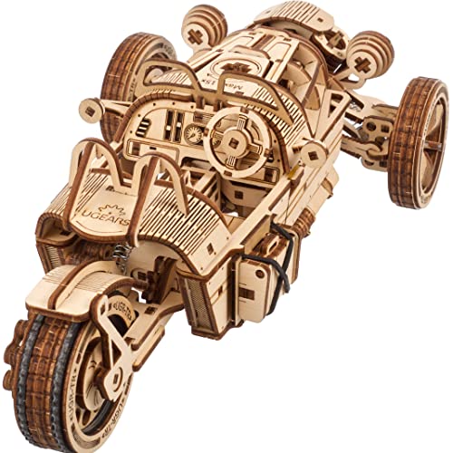 Ugears Three-Wheeler UGR-S - Wooden Motorcycle Model Kit - 3D Puzzles for Adults - Wooden Model Kits to Build - Unique DIY Wooden Puzzle Car Model UGEARS