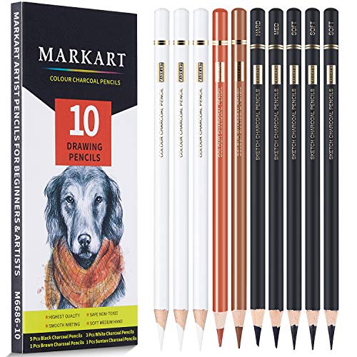 MARKART Professional Colored Charcoal Pencils Drawing Set, 10 Pieces Black White Charcoal Pencils for Sketching, Shading, Blending, Pastel Chalk MARKART