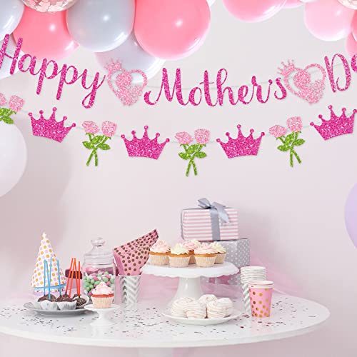 Whaline 2Pcs Happy Mother's Day Banner Set Pink Glitter Heart Rose Crown Pattern for Mother's Day Party Decorations Glitter Garland Photo Backdrop Whaline