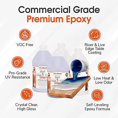WiseBond Clear Table Top Epoxy Resin 2 Gallon Kit for Countertop, Bar Top - Durable Easy to Use, 1:1 Ratio, Food Safe Crystal Clear Casting for DIY WiseBond