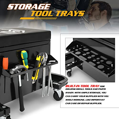 Magshion Rolling Stool with 3-Drawer Toolbox Padded Mechanic Stool Creeper Seat with Foldable Tool Tray 350 lbs Capacity Garage Workshop Stool Magshion