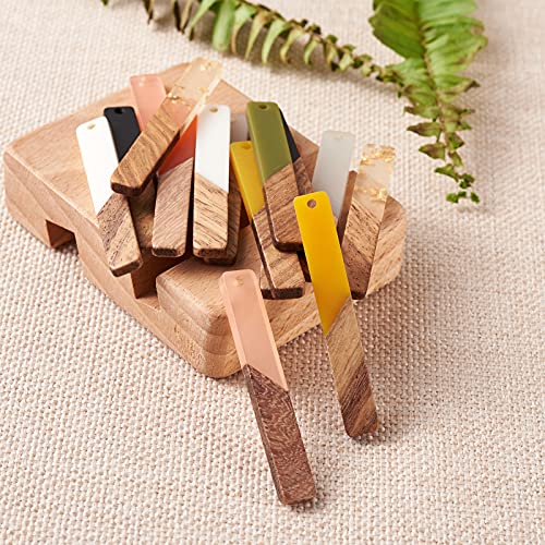 Beadthoven 18pcs/9 Pairs Natural Wood Resin Rectangle Bar Charms Bohemian DIY Earrings Pendants Mixed Colors Vertical Bar Wooden Pieces Pendants for BB Beadthoven
