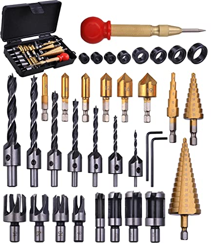 SHITIME 34 Pack Wood Working Chamfer Drilling Tools, 6 Countersink Drill Bit Set, 7 Counter Sinker Drill Bit Set, 8 Plug Cutters for Wood, 8 Drill Shitime