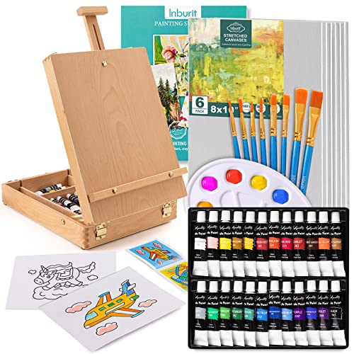 Art Paint Set with Wooden Easel Box, 24 Colors Acrylic Paints, 8 Paint Brushes, 6 Canvas Panel etc. Creative Paining Supplies kit for Kids, Student, Inburit