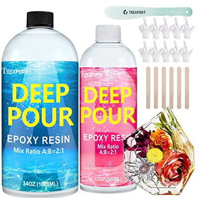 Teexpert Deep Pour Epoxy Resin, 51oz Epoxy Resin Kit for 2-4" Pour Depths, Crystal Clear & High Gloss, Bubble-Free Casting Resin for Flower