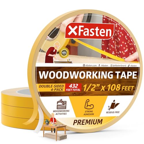 XFasten Double Sided Woodworking Tape 1/2" x 36 Yards (4-Pack) - Double Face Woodworker Turner's Tape for Wood Template, Edge Banding, Routing, XFasten