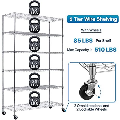 Storage Shelves Metal Shelf Wire Shelving Unit with Wheels 6 Tier NSF Certification Height Adjustable Garage Shelving Utility Steel Heavy Duty Dkeli
