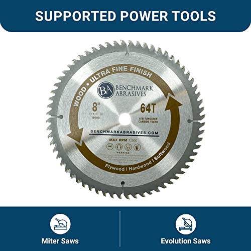 Benchmark Abrasives 8" 64 Tooth, TCT Wood Cutting Saw Blade for General Purpose Cutting & Trimming of Softwoods, Hardwoods, Long Lasting Blades, Use Benchmark Abrasives