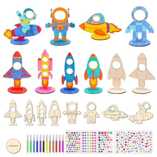 24 Pcs Rocket Space Wooden Craft Kit Rocket for Painting,Unfinished Wood Cutouts Crafts,DIY Outer Space Birthday Party Decorations BAPHILE