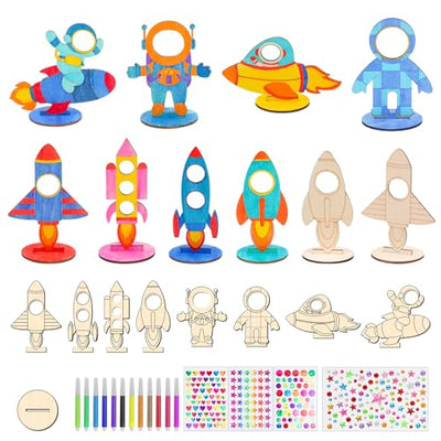 24 Pcs Rocket Space Wooden Craft Kit Rocket for Painting,Unfinished Wood Cutouts Crafts,DIY Outer Space Birthday Party Decorations