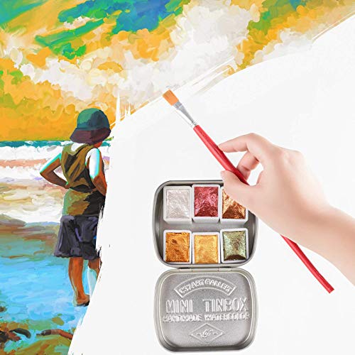 Csy Art Supplies Handmade Watercolors Paint Set - 6 Metallic Gold Colors Half Pans Glitter Solid Water Color- Metal Case Sparkle Pearlescent CSY art gallery