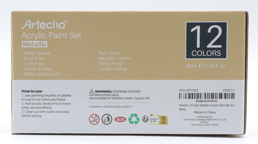 Artecho Metallic Acrylic Paint, 12 Colors Bottles (59ml / 2oz) Art Craft Paints for Canvas, Rock, Stone, Wood, Fabric, Art Supplies for Artists, Artecho