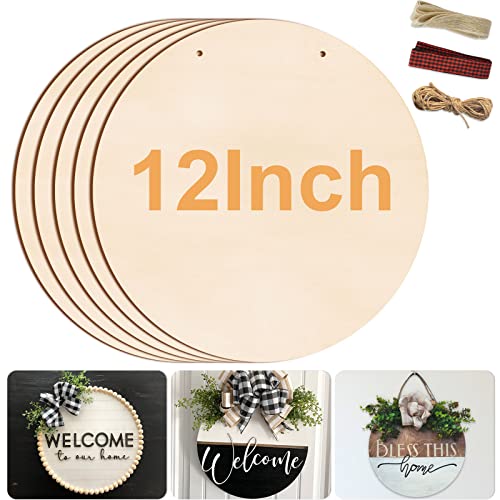 12 Inch Wood Circles for Crafts, 5Pcs Unfinished Wood Crafts, DIY Wood Rounds for Cricut Projects, Door Hanger, Wood Burning, Painting, Halloween Brmeday