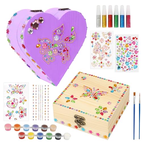 Fennoral 2 Pack Wooden Box Craft Kit for Kids Paint You Own Wooden Jewelry Box DIY Coloring Wooden Treasure Box Arts and Crafts Kit for Girls Art Fennoral