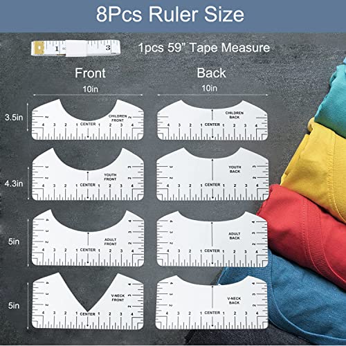 9Pcs Tshirt-Ruler Guide to Center Vinyl, Transparent V-Neck/Round PVC Ruler for Alignment, Heat Press, Children Youth Adult, Front and Back tietoc