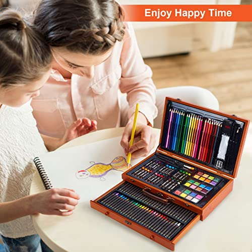 AGPTEK Art Set, 141 Pieces Deluxe Art Set, Wooden Painting Case & Art Supplies Kit with Crayons, Colored Pencils, Sketch Pencils, Paint Brushes, AGPTEK