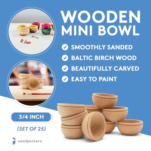 Unfinished Wood Mini Bowl, 3/4 inch, Perfect for Scale Models, Dollhouse Dishes, Wood Craft Projects, and Sorting Activity, Pack of 25, by Woodpeckers