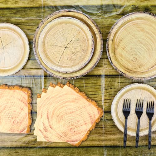 81Pcs Wood Party Decorations - Wood Paper Plates and Napkin Sets, Wood Grain Tablecloth for Lumberjack Rustic Party Decorations Woodland Decorations PTECDROTS