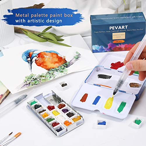 PEVART Empty Watercolor Palette, Metal Empty Watercolor Tin Palette Paint Case with Fold Out Palette with 50 Empty Half Pans for DIY Painting Tray PEVART