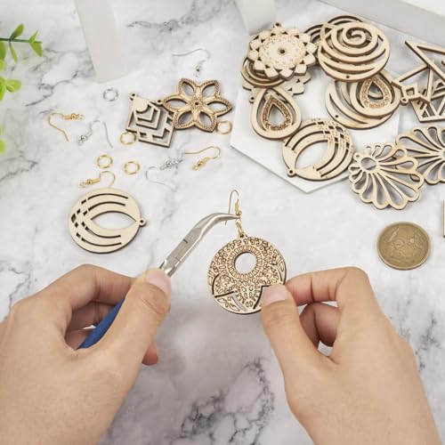 26pcs Wooden Earring Charms Unfinished Natural Wood Filigree Pendants in Teardrop & Kite & Flower & Rhombus & Triangle Shape with Earring Hooks & EEE ELECRELIVE