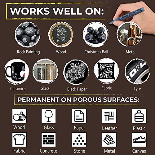 NAWOD Paint Pens White Black Acrylic Marker 6 Pack, Acrylic Permanent Marker, White Paint Pens for Rock Ceramic Wooden Leather Glass Painting Metal NAWOD