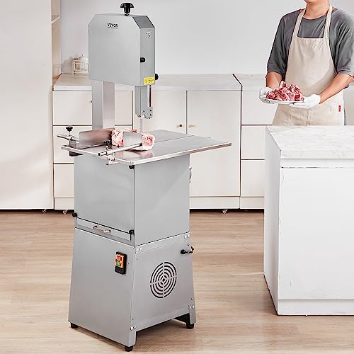 VEVOR Commercial Electric Meat Bandsaw, 850W Vertical Bone Sawing Machine, Stainless Steel 23.6" x 18.3" Workbench, Frozen Meat Cutter with 2 Blades, VEVOR