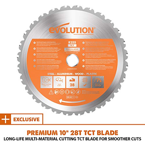 Evolution Power Tools R255SMS+ PLUS 10-Inch Sliding Miter Saw Plus Multi-Material Multi-Purpose Cutting Cuts Metal, Plastic, Wood & More 0˚ - 45˚ Evolution