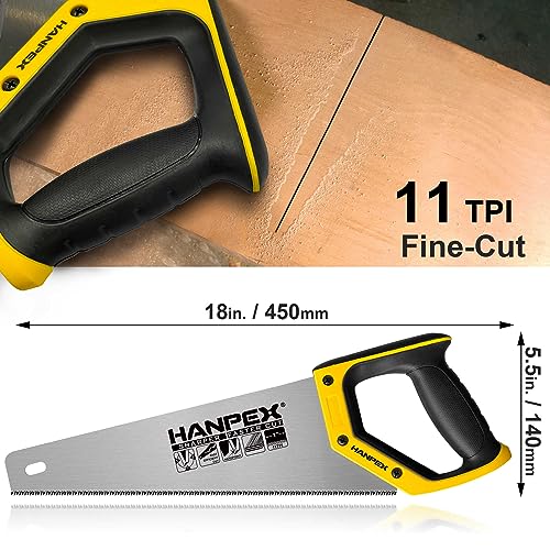 Hanpex 14" Pro Hand Saw, 11 TPI Fine-Cut Handsaw - Sharp Manual Saw Idea for Cutting Wood, Sawing, Gardening, Trimming, Plastic Pipe, Drywall Hanpex