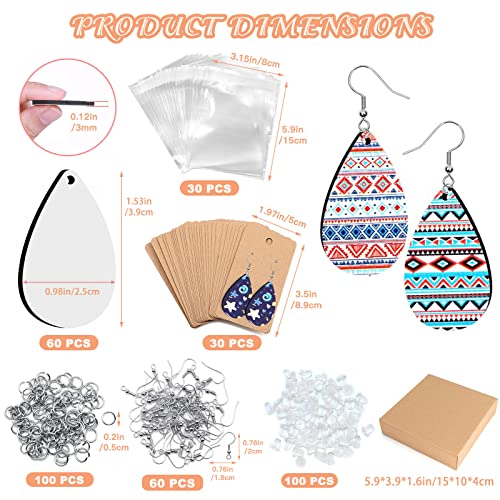 ZOCONE 60 Pcs Sublimation Earrings Blank Bulk, Sublimation Printing Earrings Unfinished Teardrop Heat Transfer Earring Pendant with Earring Hooks ZOCONE