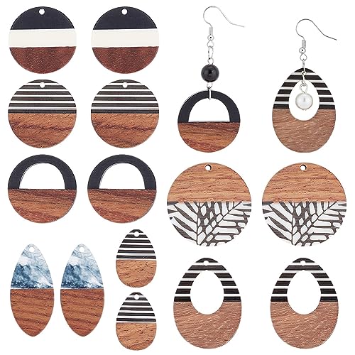 PH PandaHall 14PCS Resin Wood Earring Pendants, 7 Styles Walnut Vintage Earring Teardrop and Flat Round Statement Jewelry Resin Wood Earring Making PH PandaHall