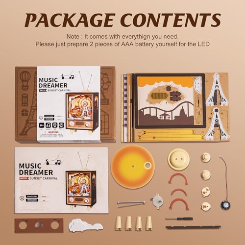 ROBOTIME Wooden Music Box 3D Puzzles for Adults DIY Model Kits to Build Book Nook Hobby Personalized Crafts Gift Home Decoration (Sunset Carnival) ROBOTIME