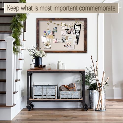 Marribol Large Magnetic Bulletin Board 36 x 24 Inch,Rustic Wood Framed Cork Board with Linen,Wall Mounted Notice Board with Pushpins for Home Office Marribol