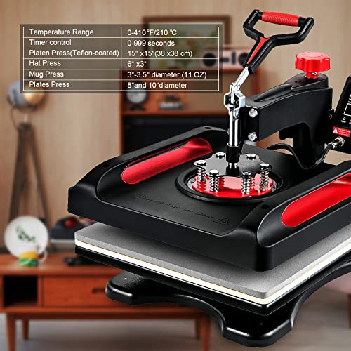 VEVOR Heat Press, Upgrade 5 in 1 Heat Press Machine for T-Shirt Hat Cap Mug Plate Sublimation, 15x15 inch Anti-Scald Fast Swing Away Digital Control VEVOR
