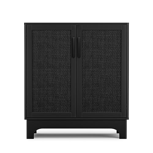 Anmytek Black Rattan Cabinet, Natural Rattan Storage Cabinet with 2 Doors Adjustable Shelf Large Space Entryway Hallway Cabinet Sideboard Buffet for Anmytek