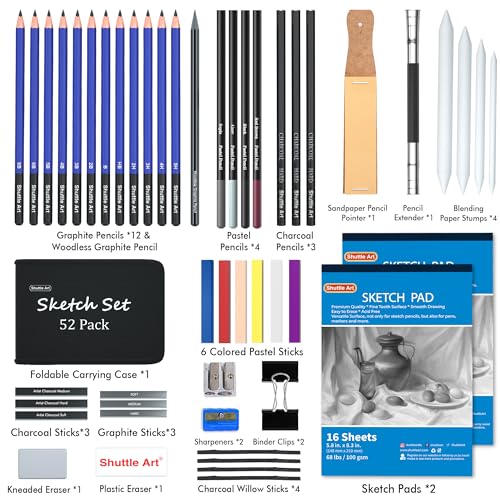 Drawing Kit, Shuttle Art 52 Pack Drawing Pencils Set, Professional Drawing Art Kit with Sketch Pencils, Graphite Charcoal Sticks, Drawing Pad in Shuttle Art