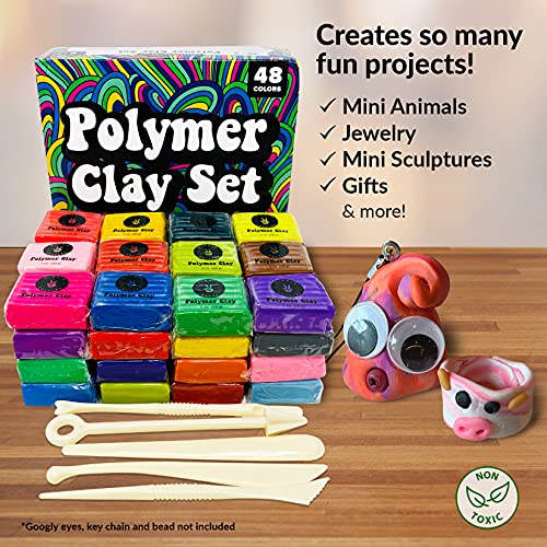 Oven Bake Polymer Clay Set 48 Colors Modeling Clay Sculpting and Starter Bake Clay Kit Baking and Colored Professional Molding Bulk Packs for Making HIPPIE CRAFTER
