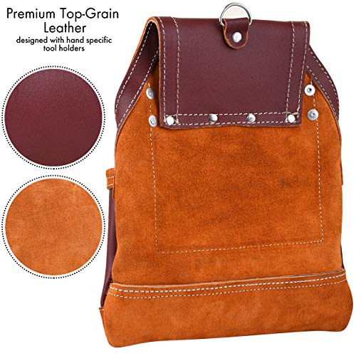 FUERI Professional 10 Pocket Leather Carpenter Tool Belt Pouch Framers Bag | Heavy Duty Premium Grain Leather Riveted Reinforcement Electrician Bag | FUERI