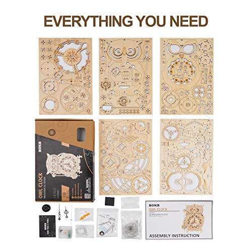 ROKR 3D Wooden Puzzle for Adults Owl Clock Model Kit Desk Clock Home Decor Unique Gift for Kids on Birthday/Christmas Day ROKR