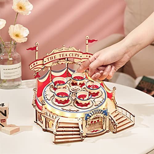 ROKR 3D Puzzles for Adults Model Kit, DIY Wooden Music Box Building Kit with LED Lights for Teens Adults Birthday Gift (Tilt-A-Whirl 280pcs) ROKR