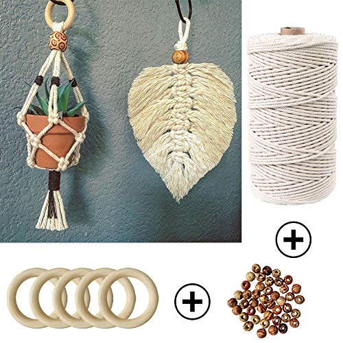 120pcs Macrame Kits for Beginners 3mm x 109yards Natural Cotton Macrame Cord with Wooden Beads & Rings,Wooden Sticks,Metal Rings Macrame Supplies MAOQIAN