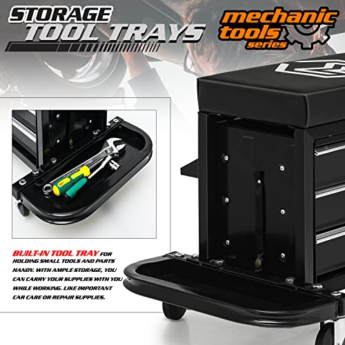 M-AUTO Rolling Mechanic Stool Garage Toolbox Stool Tool Chest Seat w/Wheels, 350LBS Capacity Padded Mechanic Stool Creeper Seat w/Drawers & Side Tool M-AUTO